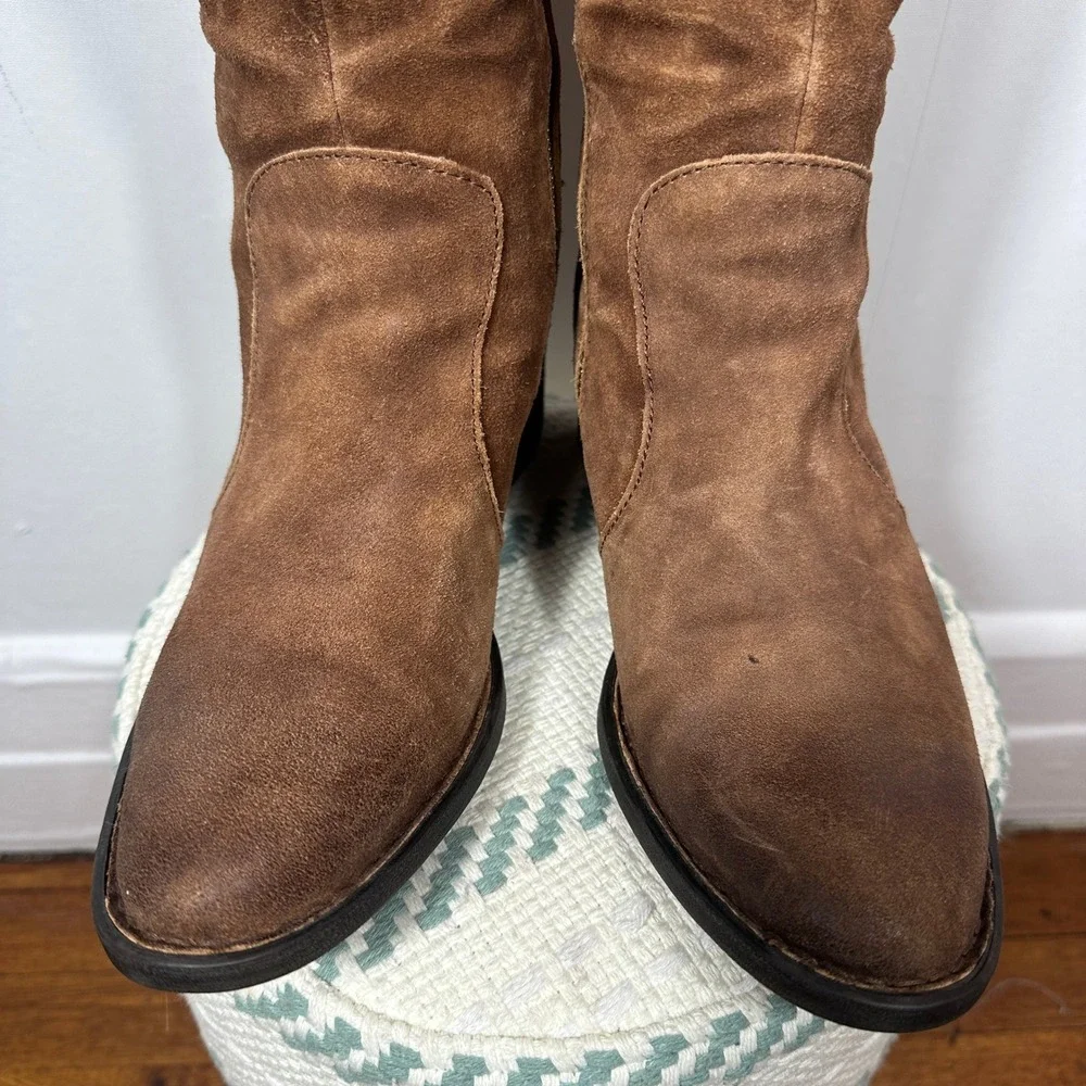 Born Felicia Leather Knee High‎ Boots Brown Distressed Suede Lace Back Women 9.5